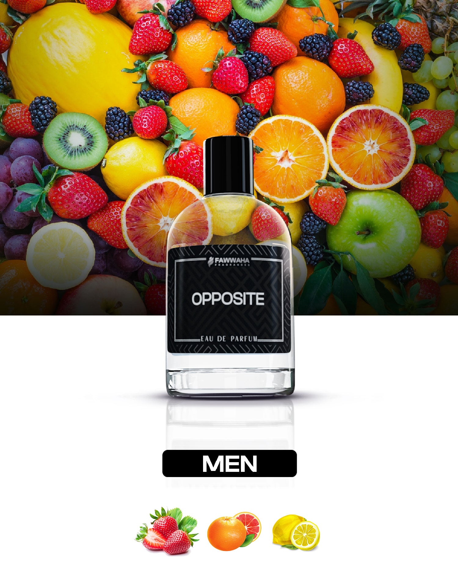 Fawwaha Opposite perfume for men in a sleek bottle surrounded by vibrant fruits